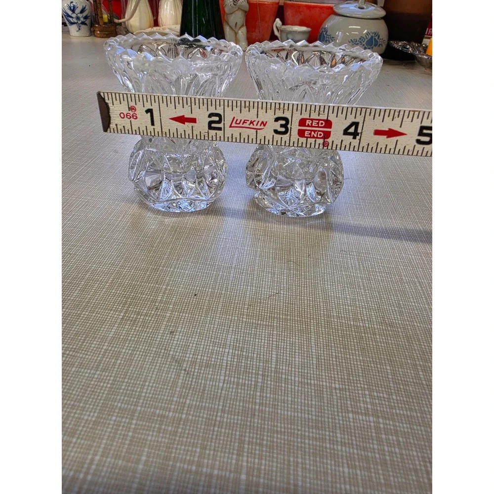 Vintage Cut Glass Toothpick Holder/ bud vases Pair Scalloped Rim